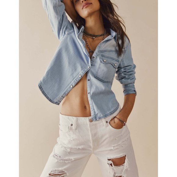 フリーピープル Free People Shrunken デニム Indigo レディース シャツ トップス Light Wash Faded Amazon.com: Free People Women's Shrunken Denim Indigo, Light